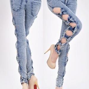 - Bowknot Cutout Sides Skinny Jeans