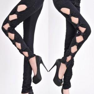 - Bowknot Cutout Sides Skinny Jeans