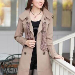 Double Breasted Trench Coat With Leopard Scarf