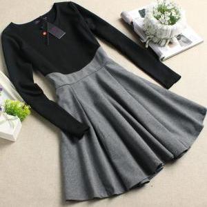 Clearance - Black/gray Long Sleeves Skater Dress
