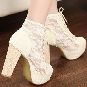 Sheer Lace Lacing Up Apricot Pumps Boots