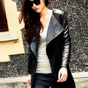 - Faux Leather Sleeves Big Lapels Slim Coat