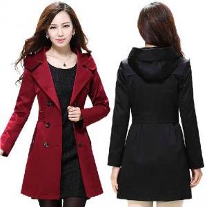 Fitted Waist Double Breasted Hooded Long Trench..