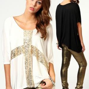 Sequins Cross Front Batwing Sleeves Loose T-shirt