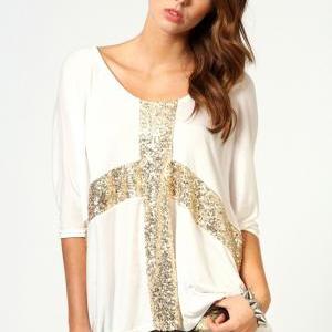 Sequins Cross Front Batwing Sleeves Loose T-shirt