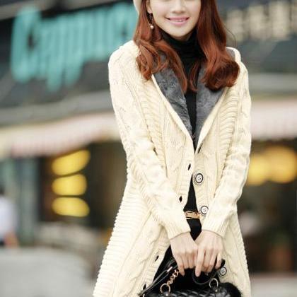 Thick Fleeces Lining Hooded Long Knit Cardigan