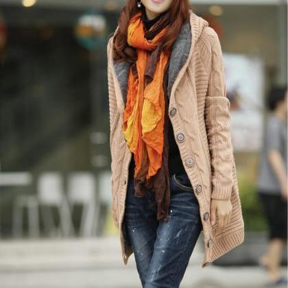 Thick Fleeces Lining Hooded Long Knit Cardigan