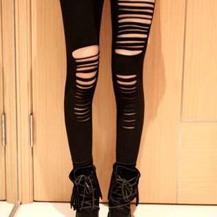 Striped Cut Out Black Skinny Leggings