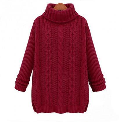 Roll High Neck Side Splits Cable Knit Sweater