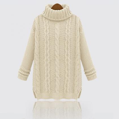 Roll High Neck Side Splits Cable Knit Sweater