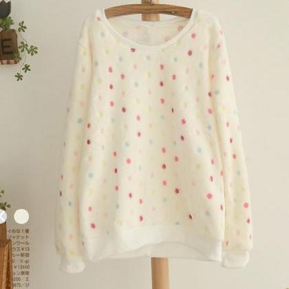 Polka Dots Print Fluffy Pullover Sweatshirt