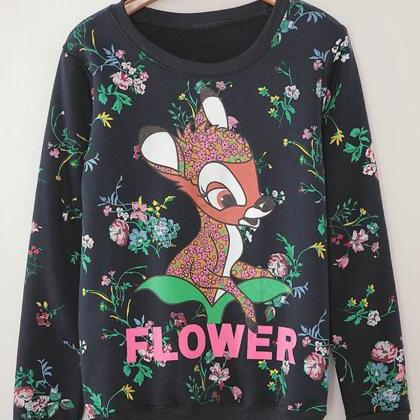 Deer & Flower Print Fleecy Pullover..