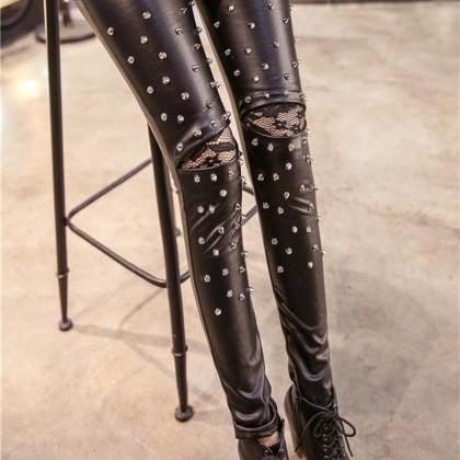 Spikes Studded Lace Knee Black Pu Leggings