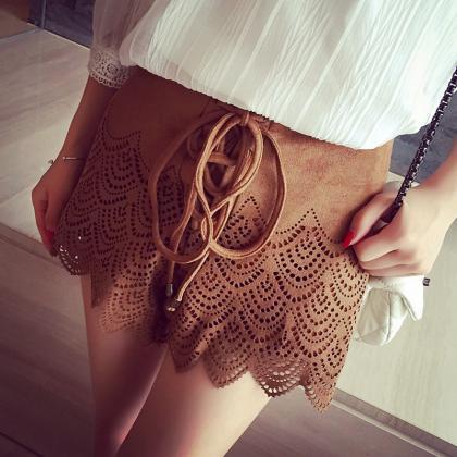 Suede Lace Cut Out Lacing Up Shorts