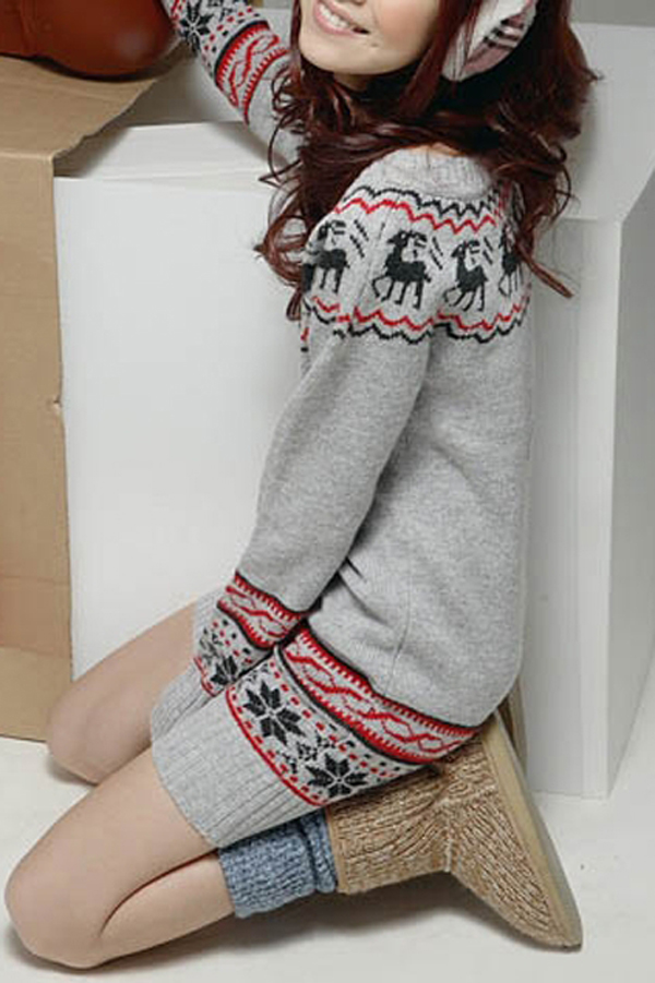 Clearance - Deer Print Long Slim Sweater - Available In Gray Only