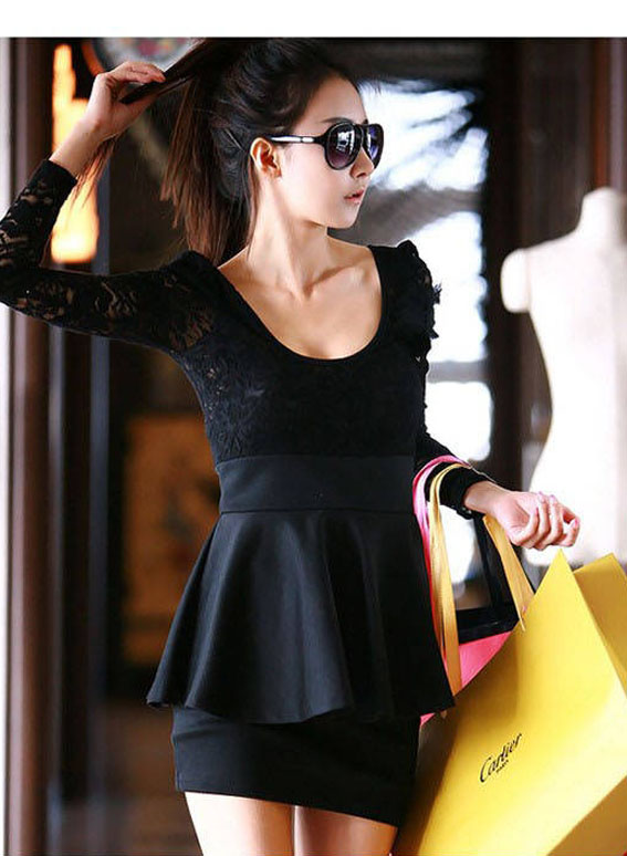 Lace Long Sleeves Peplum Bodycon Mini Black Dress