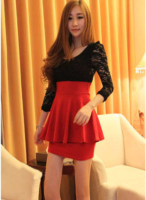 Lace Long Sleeves Peplum Bodycon Mini Red Dress