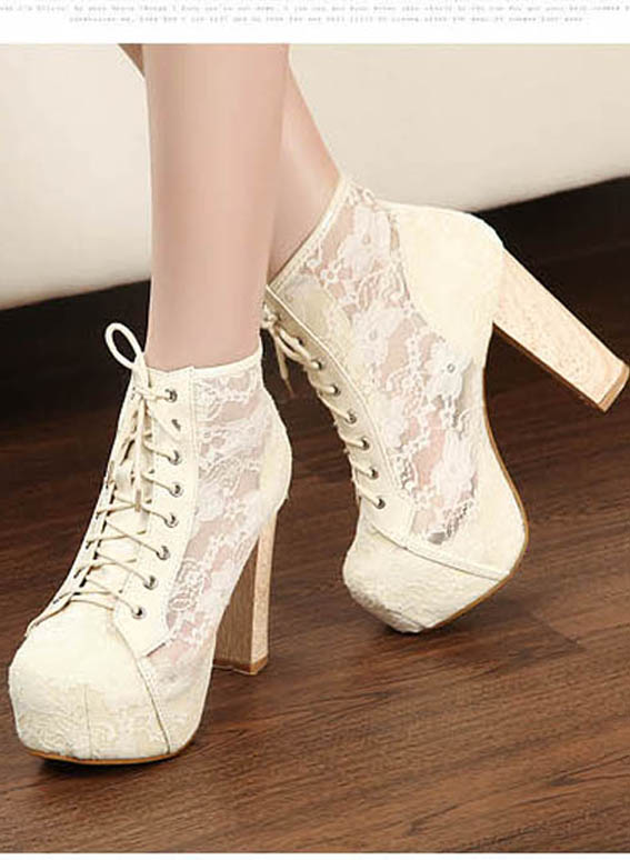 Sheer Lace Lacing Up Apricot Pumps Boots