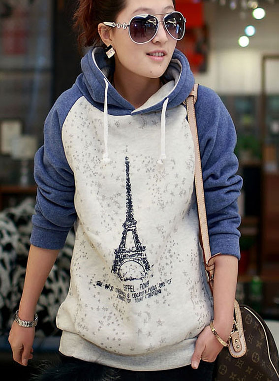 Clearance - Paris Eiffel Tower Print Blue Hoodies
