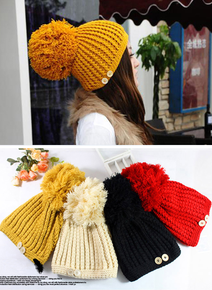 Clearance - Pom Pom Bobble Beanie Knit Hat With Buttons