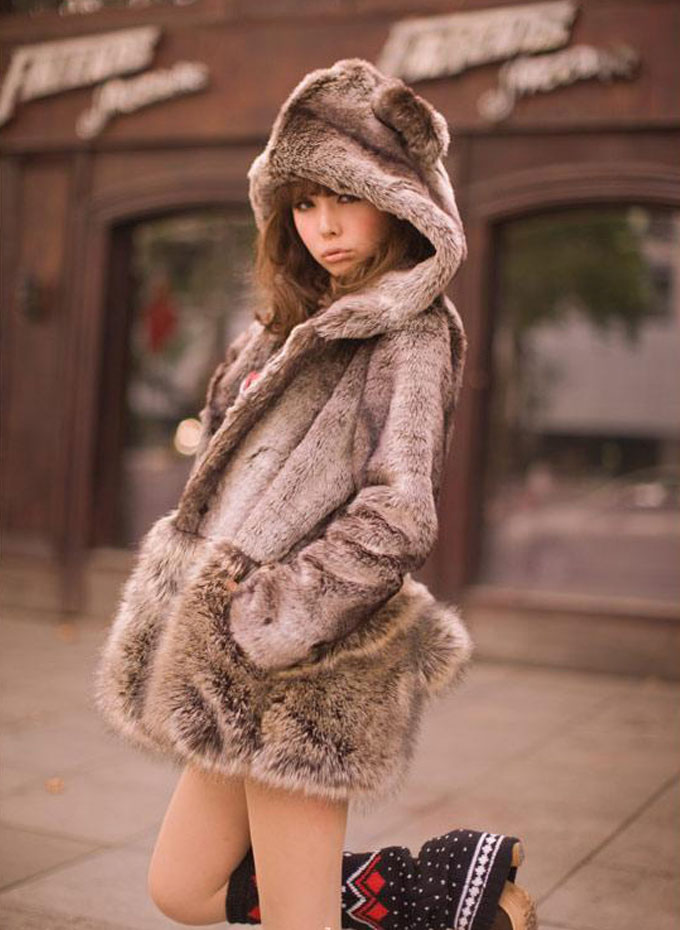 Lovely Bear Hooded Fluffy Faux Fur Coat