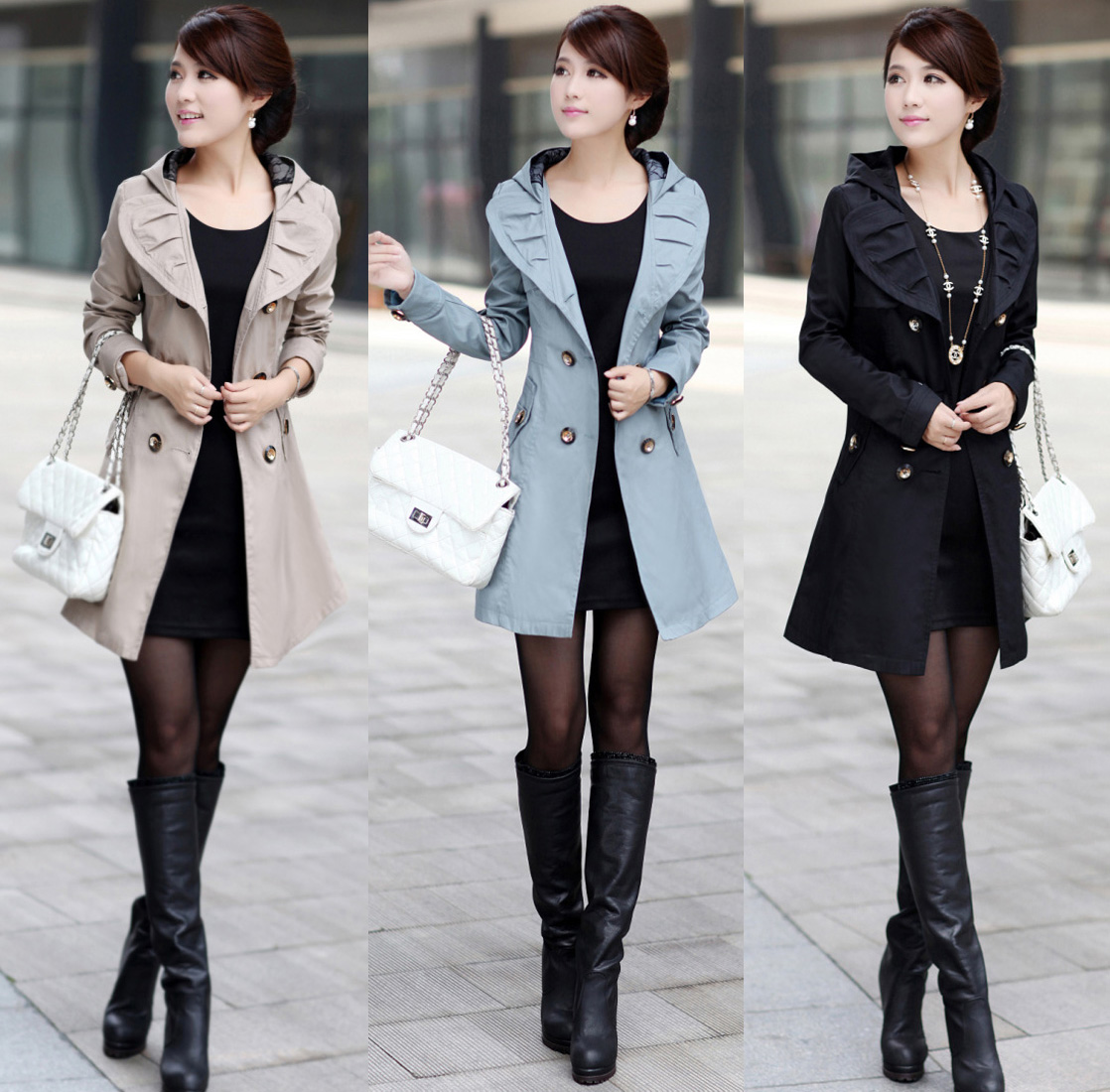 Clearance - Lace Hooded Double Breasted Long Slim Trench Coat