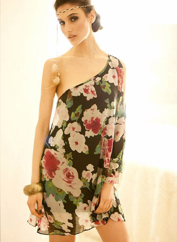 Sexy One Shoulder Floral Chiffon Dress on Luulla