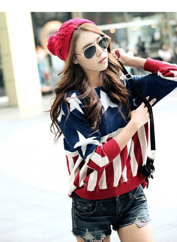 Clearance - Vertical Stripes & Stars Bat-wing Sleeves Sweater