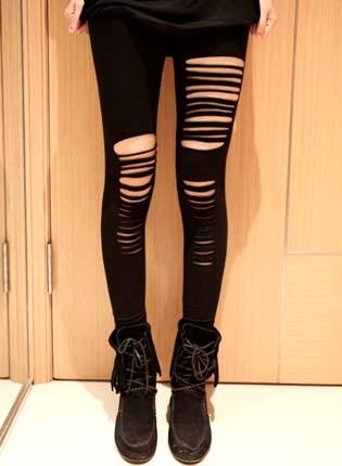Striped Cut Out Black Skinny Leggings