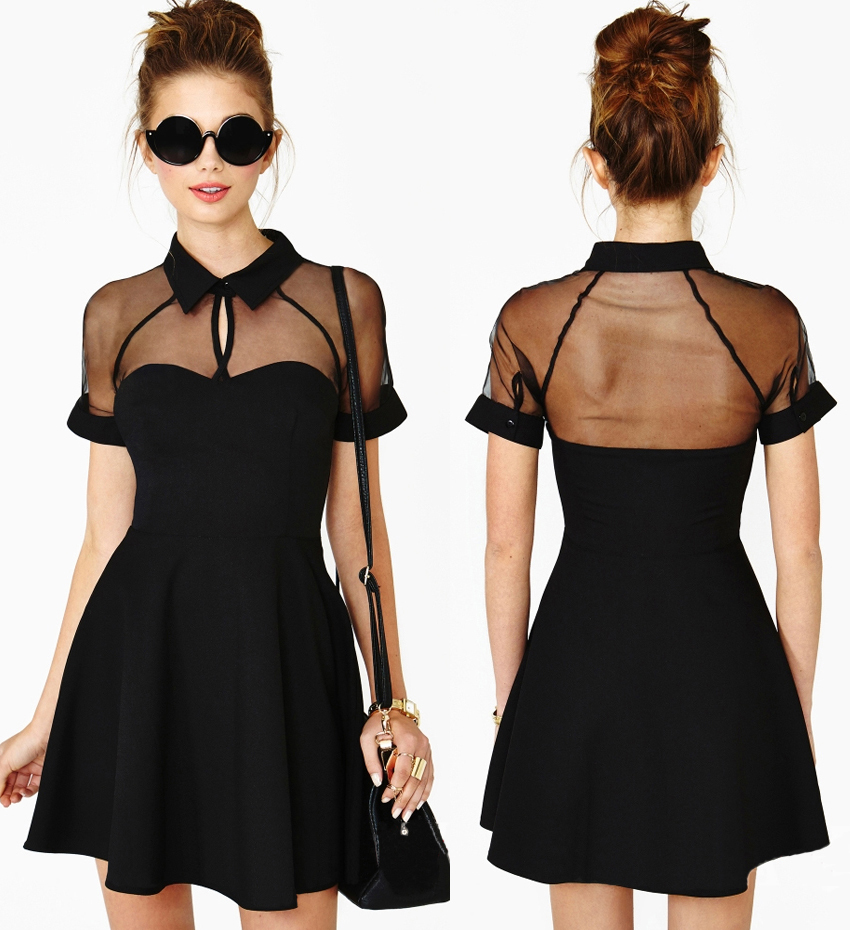 Sheer Mesh Panel Sweetheart Black Skater Dress on Luulla