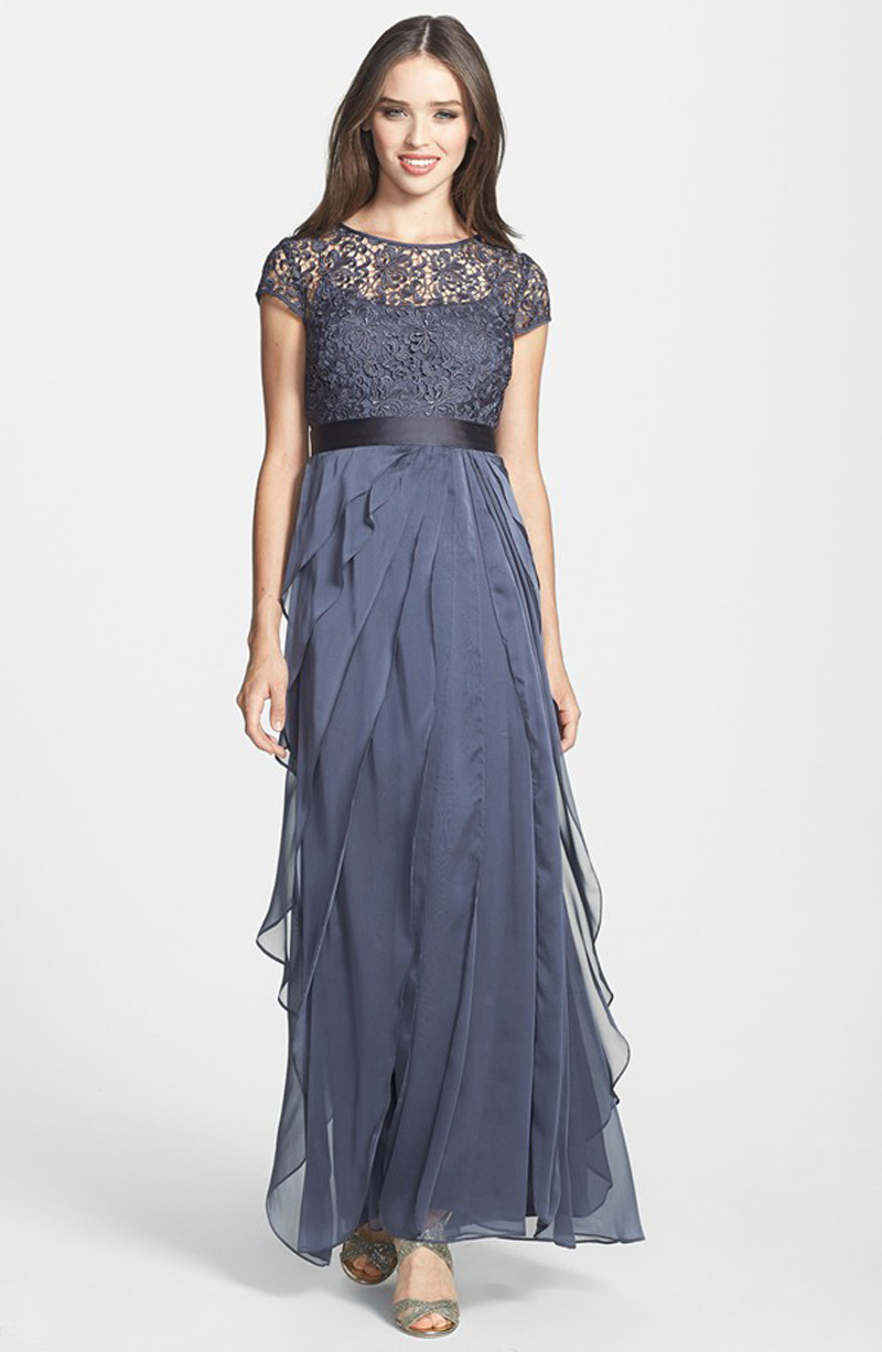 Long Chiffon Layered Evening Dress Featuring Lace Appliqués Short Sleeves and Crew Neck Bodice