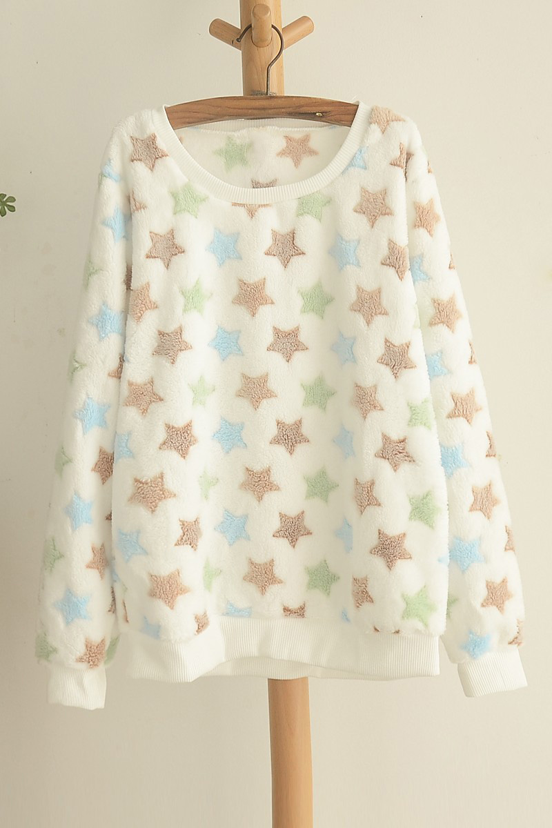 Stars Print Fluffy Pullover Sweatshirt