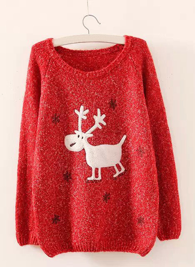Cartoon Deer & Snowflakes Christmas Sweater on Luulla