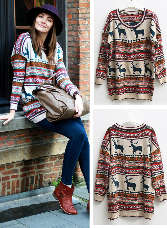 Nordic Deer & Stripes Print Oversized Sweater