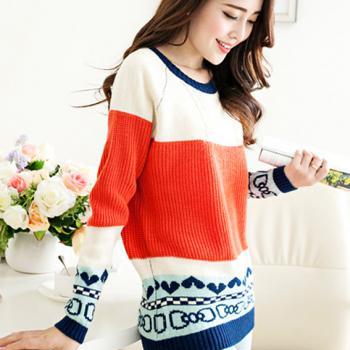 Color-blocked Bowknot & Heart Orange Sweater on Luulla