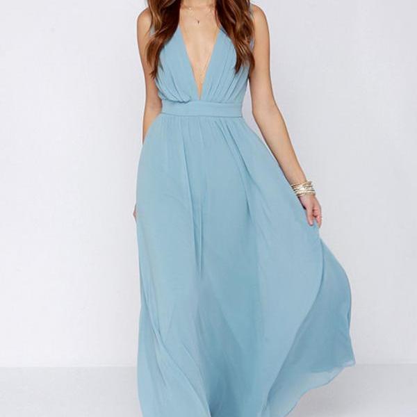 Light Blue Chiffon Deep V Neckline Maxi Chiffon Dress on Luulla