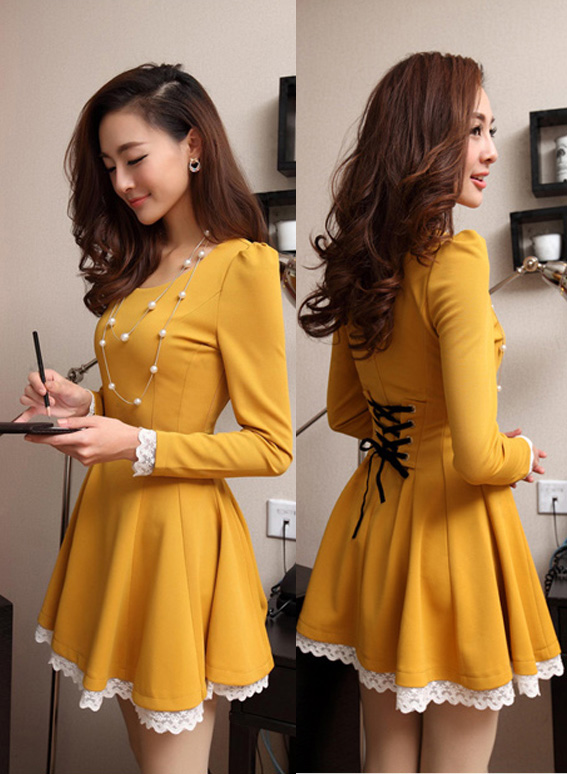 Lacing Up Back Lace Hem Long Sleeves Yellow Dress on Luulla