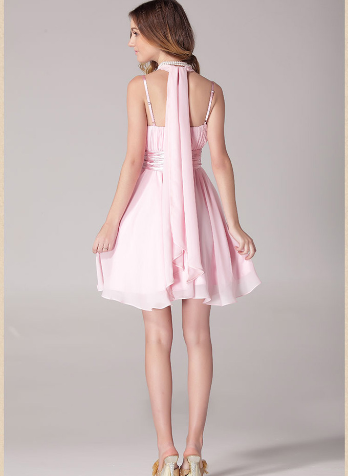 Long Ribbons Back Straps Halter Pink Dress on Luulla