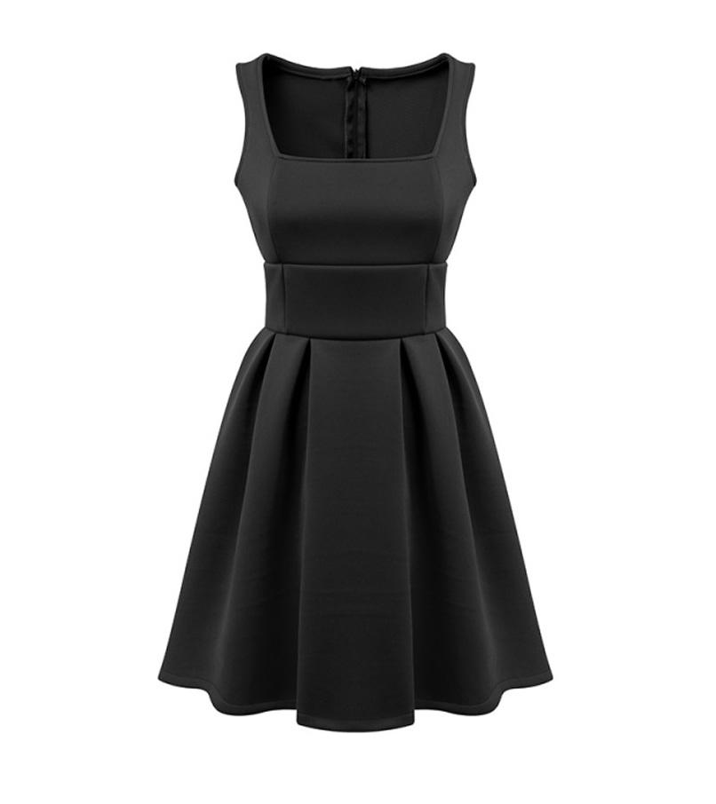 Square Neckline Fitted Waist Pleated Sleeveless Dress on Luulla